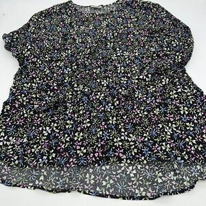 J Jill Top Blouse Shirt Women XL Black Floral Round Neck Long Sleeve